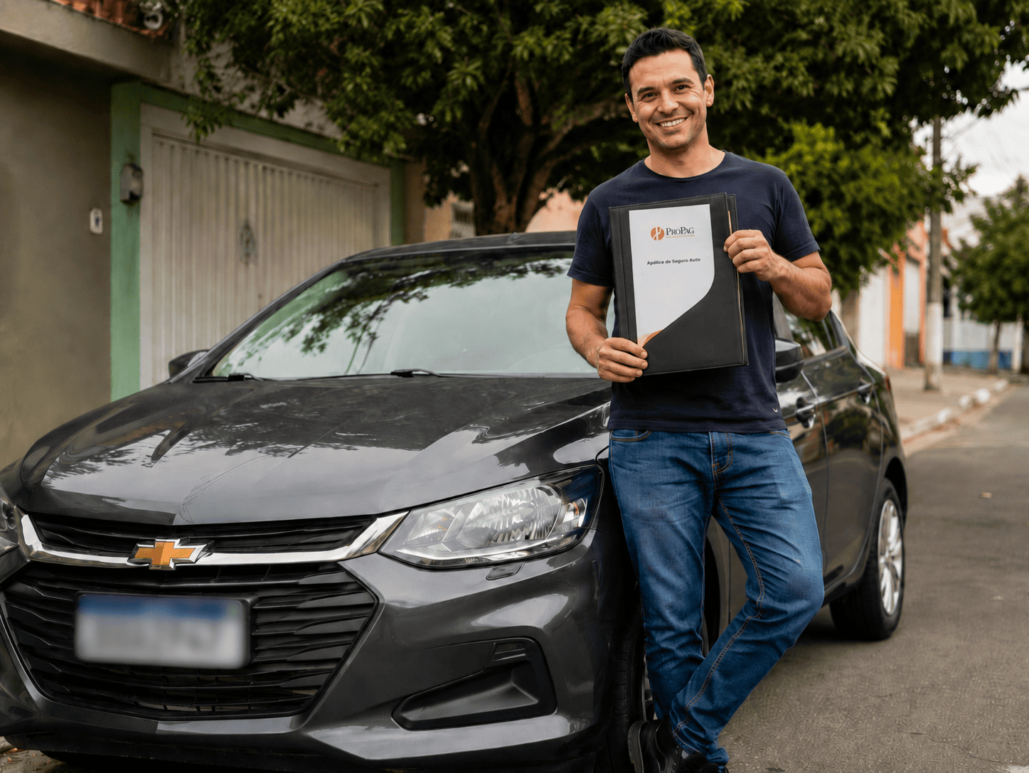 Cliente segurado pela ProPag segurando apólice de seguro auto ao lado de um Chevrolet Onix