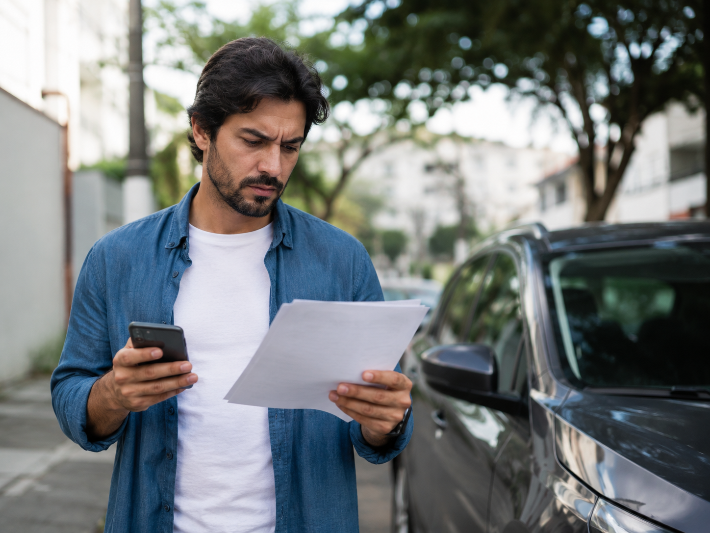Motorista sozinho analisando apólice de seguro auto sem consultoria